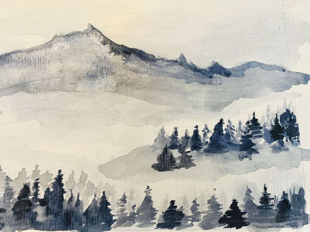 Aquarelle représentant un lieu refuge (montagnes et forêt)